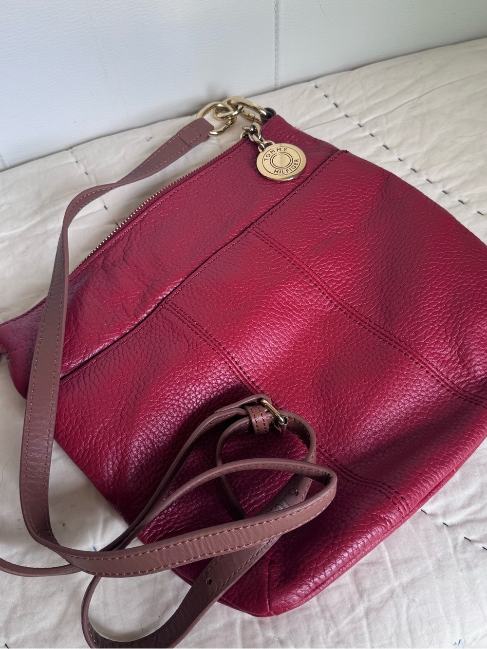Tommy Hilfiger  Red Pebbled Leather Crossbody Bag